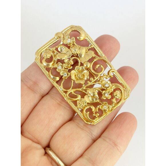 Vintage Goldtone Floral and Leaf Rectangle Brooch - Picture 6 of 6